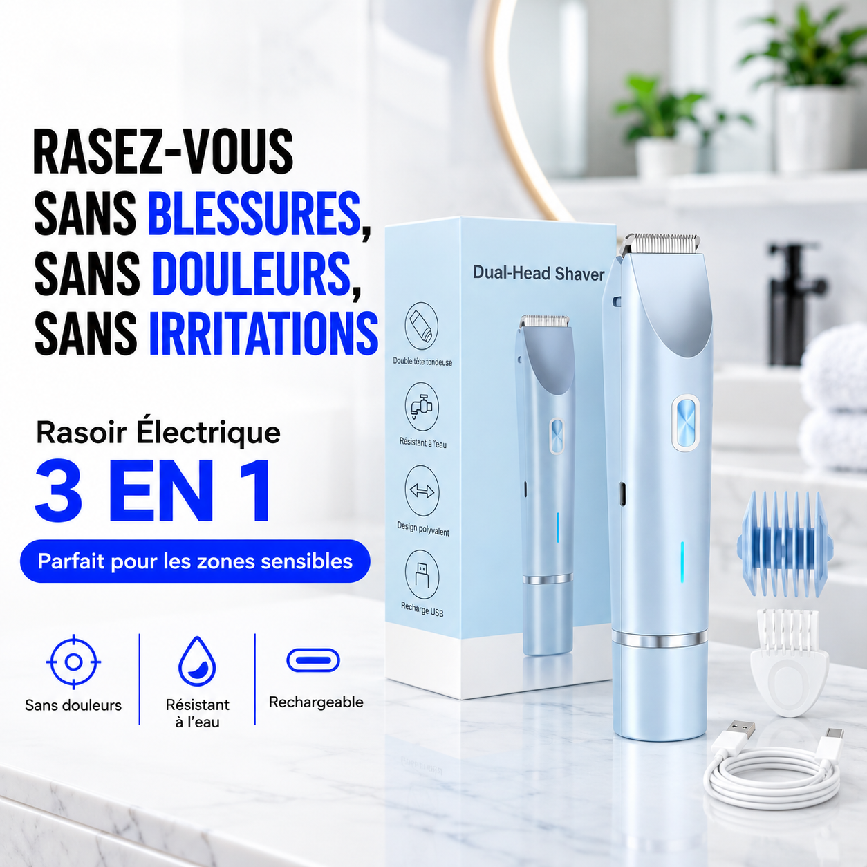 Rasoir Électrique Intime 3 en 1 – Rasage doux, sans douleur, ni irritation